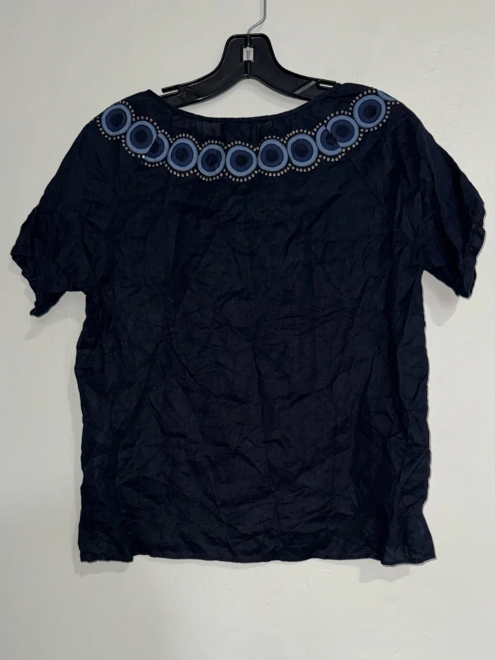 J. Crew Linen Navy Short-Sleeve Embroidered V-Neck Blouse